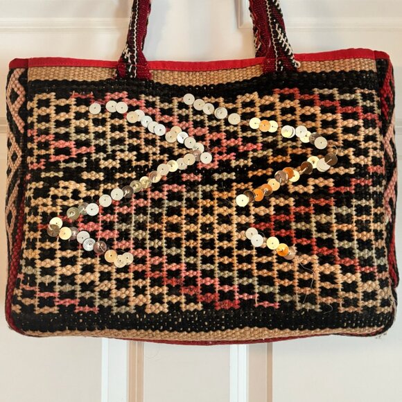 Vintage Anthropologie Kilim Carpet Bag Woven Tapestry Tote Sequin Boho Geometric - Picture 4 of 10